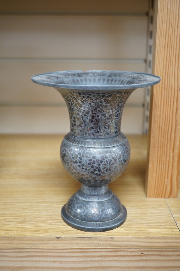 A late 19th century Indian bidriware vase, 18cm. Condition - fair